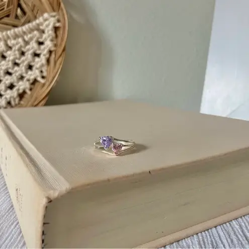 Double Heart Pink Purple Promise Ring Vintage “Jolie” Silver Triple Shank Femme Jewelry