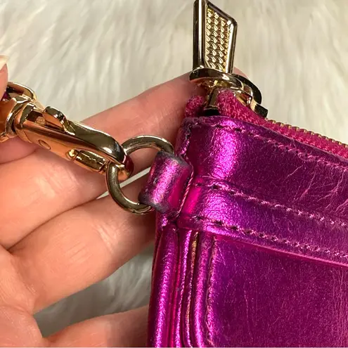 Rebecca Minkoff Metallic Magenta Skinny Wristlet Gold front Pink