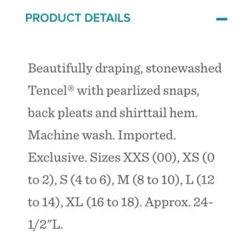 ✨Sundance Catalog TESSA Chambray Sz Large Shirt Pearlized Button✨ Blue