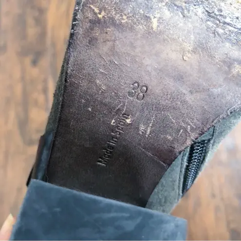 Coclico • suede ankle boots grey leather harness strap stacked high heel bootie Size 7.5