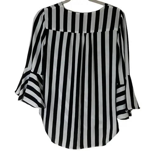 Premise  Studio Black White Striped Bell Sleeve Faux Wrap Blouse