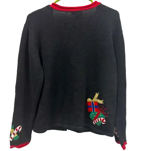 heirloom collectibles  Christmas Black Red Applique and Bead Cardigan Sweater L