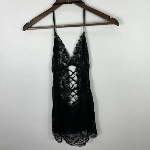 René Rofé Lingerie M/L Black Lace Mesh Babydoll Sheer Strappy Sexy Nightwear Size M