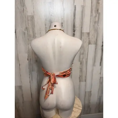 Penelope Boutique Satin Chain Halter Crop Top Pink Baroque Scarf Tie Back – Size Orange Size M