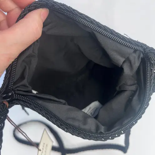 Marlo NWT Floral Embroidered Trim Beaded Fringe Crossbody Bag Square Boho Black