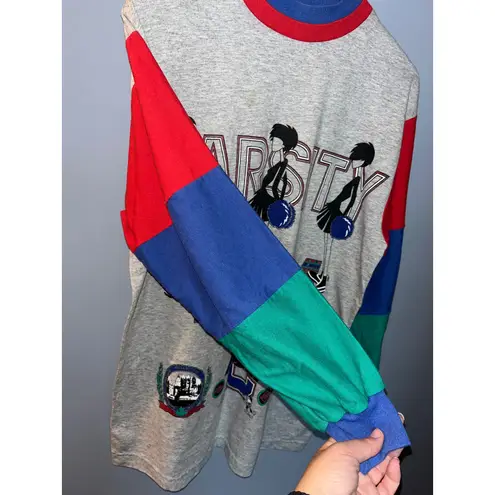 Vintage Varsity Team Cheerleader Graphic Long Sleeve Color Block Sweatshirt Gray Size M