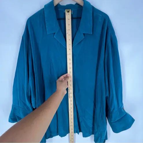 Tianello TENCEL Plus Sized Aida Blouse Button Front Garment Dyed Teal Size 2X Blue