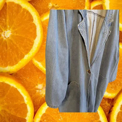 Bonjour Denim Long Jacket Women Blue Embroidered Collar Pockets