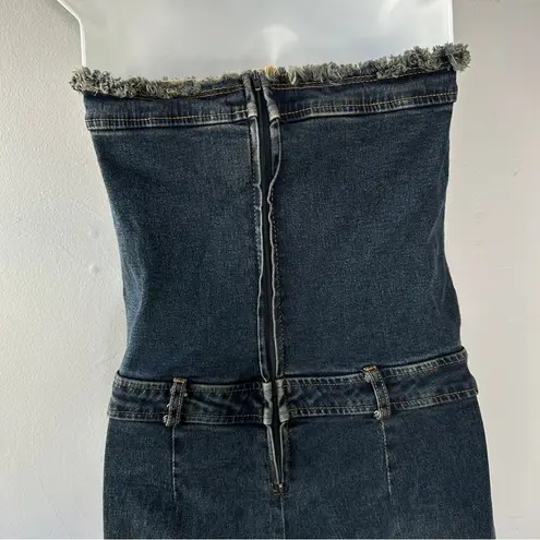 Cello  USA Vintage Strapless Flare Leg Fringe Denim Jumpsuit