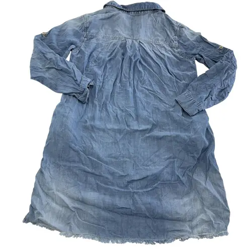 Bella Dahl Dress Womens Small Blue Chambray Denim Long Sleeve Frayed Hem Mini