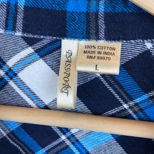 Passport Blue Black & White Long Sleeve Plaid Button Up Shirt Top L Size L