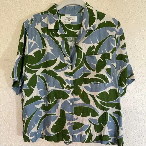 Trovata Birds of Paradise 100% Linen Blue Green Tropical Short Sleeve Small Top Green