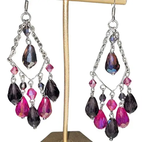 Pink & Purple Crystal Chandelier Drop Earrings French Hooks Pierced Ears Women Purple
