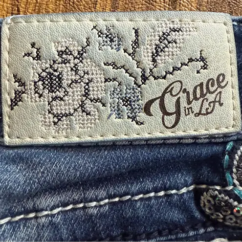 GRACE IN LA Jeans Bootcut Med Wash Bling Flap Pocket Embellished Distressed 28