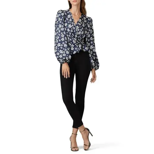 Jill Stuart Floral V-Neck Top in Marine 2 Womens Floral Blouse