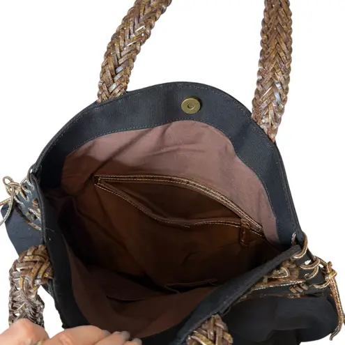 Braccialini Tua Canvas Beaded Embellished Stud Black Tote Brown Leather Detail