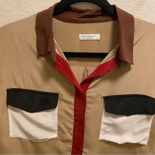 Equipment Color Block Silk Button Front Blouse Size Small In Camel Multi