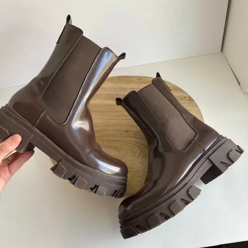 Dream Paris Dream Pairs Chocolate Brown Shiny Water Resistant Chunky Pull on Boots 8.5