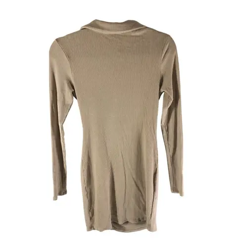 Crescent Shirt Dress Ribbed Button Detail Long Sleeve Bodycon Stretch Beige M