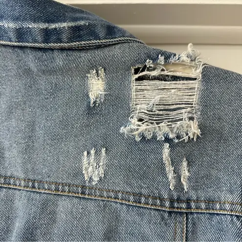 Elan Frayed Distressed Blue Denim Jacket with Slight Crop, Size Large