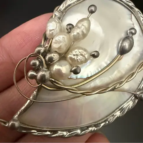 Vintage Unsigned Handcrafted Silver Mother of Pearl Wire Rice Pearl Coral Brooch