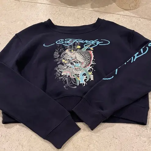 Ed Hardy Navy Koi Fish Logo On Back Cropped Pullover Sweatshirt XL NWT