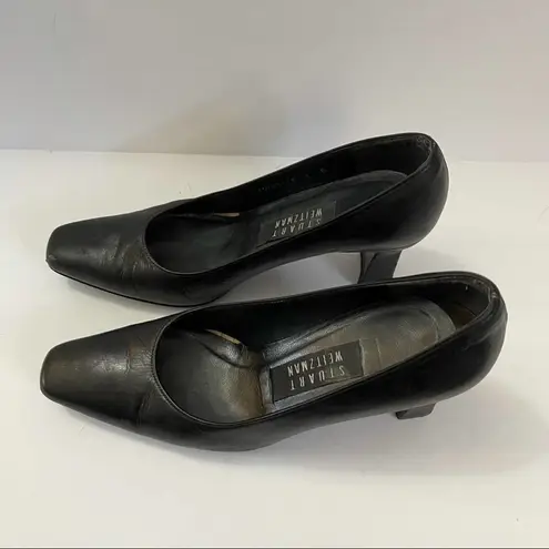 Stuart Weitzman  Black Leather Block Heel Pumps - Image 7
