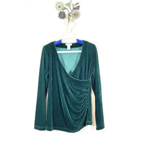 Soft Surroundings Womens Velour Velvet Surplice Faux Wrap Top Green Size Small
