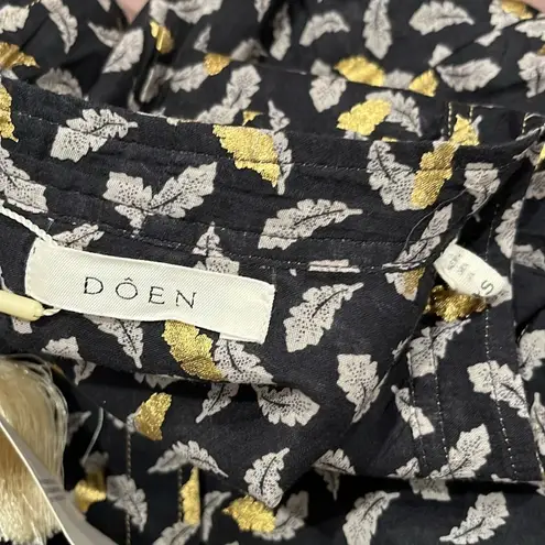 NWT Doen DÔEN Norma Leaf Print Tie Cotton Poplin Blouse Top Black Gold XS