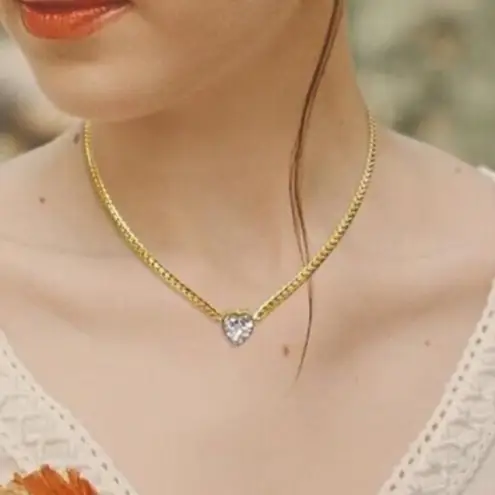 18K Gold Plated snake chain Zircon Heart Necklace Stainless Steel Womens jewelry