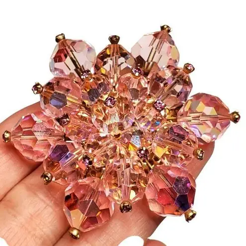 Vtg Austrian Crystal Aurora Borealis Flower Pink Cluster Gold Tone 2" Unsigned