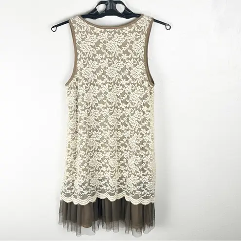 Ryu Brown Cream Crochet Tiered Lace Floral Sleeveless Lined Dress, Size Medium