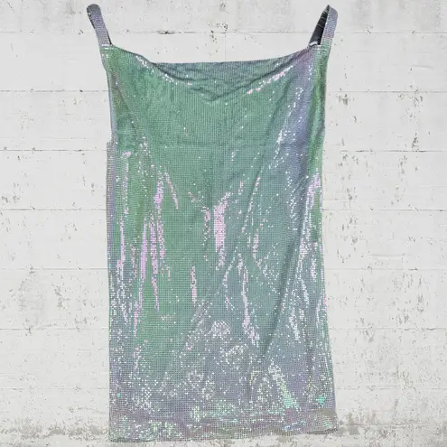 House of Harlow Iridescent Metal Mesh Disco Mini Dress Drape Neck Size Small NWT Silver