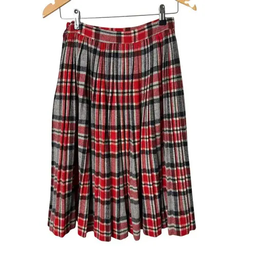 Vintage 70s Wool Pleated Skirt Red Gray Plaid Tartan High Waist, Size Small