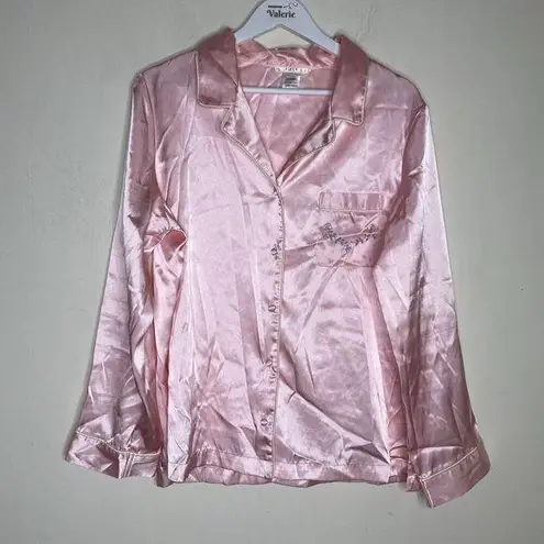 Pink K Light Pink Satin Floral Embroidered Pajama Long Sleeve Lounge Top Large