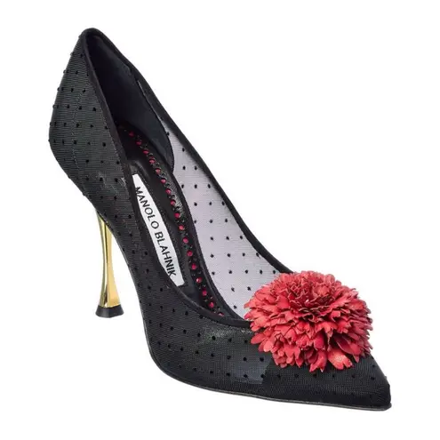 Manolo Blahnik Sohemias 105 Polka Dot Mesh Pumps Black With Flower Appliqué