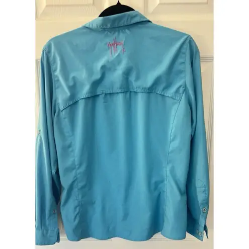 Guy Harvey Shirt Women's M Blue Button Down Fishing Hiking Gorpcore Performance