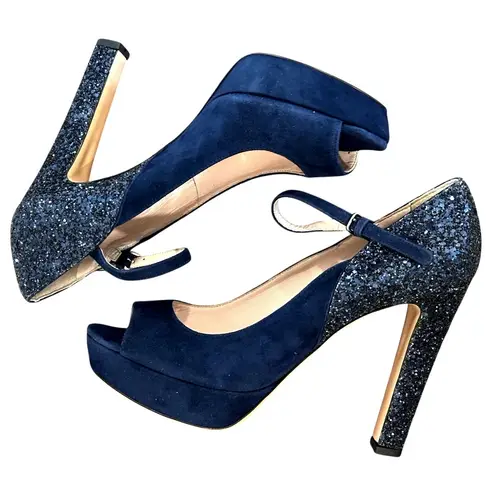 Miu Miu Blue Suede Glitter Accent Peep toe platform heels Size: 38.5 NWOT/box