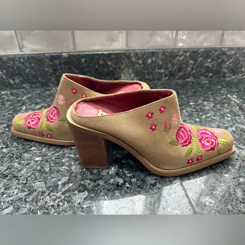 Vintage Riverstone Rosebuds Women’s Brown Leather Suede Western Clogs Y2K Size 9 Tan