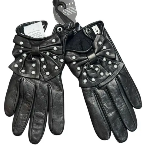 Neiman Marcus Genuine Leather Black Women Gloves Pearl Studded Bows Small NWT