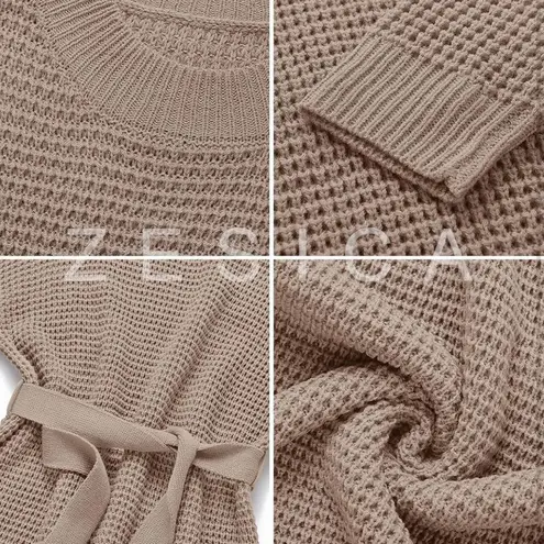 NWT Cozy Waffle Knit Crewneck Sweater Dress with Belt Tan Size Medium