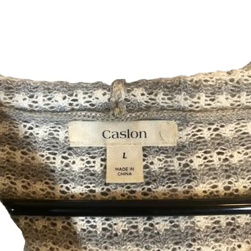 Caslon Gray Striped Hooded Cotton Knit Full Zip Jacket Women Sz L