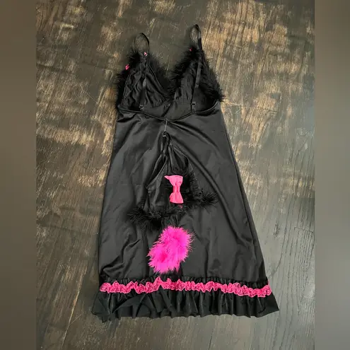 Women’s Coquette Black & Pink Fur Lace Bow Babydoll Lingerie Set Nightgown S/M