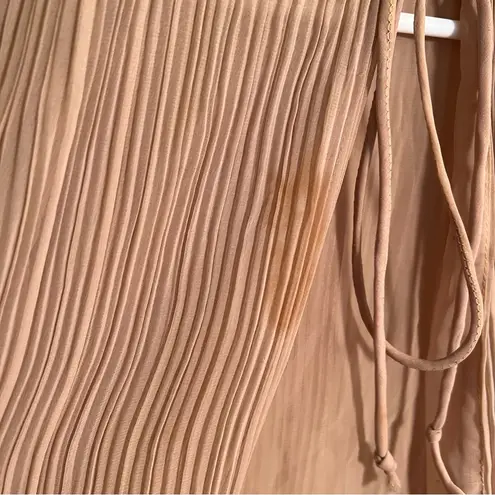 Long Sleeve Pleated Plisse Blouse Tan Brown Lace Hem Size L