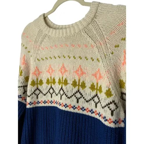 J.Crew Fair Isle Floral Sweater Blue Cream Wool Blend Size M Cottage Cabin Ski Size M