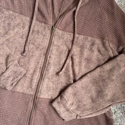 Brown Waffle Knit Zip Up Acid Wash Hooded Women’s Zip Up Sweater Jacket Size XL