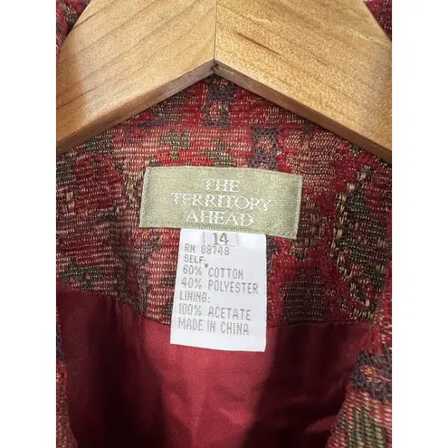 The Territory Ahead Red Print Tapestry Vest Zip Front Side Tabs Lined Size 14 - Image 2