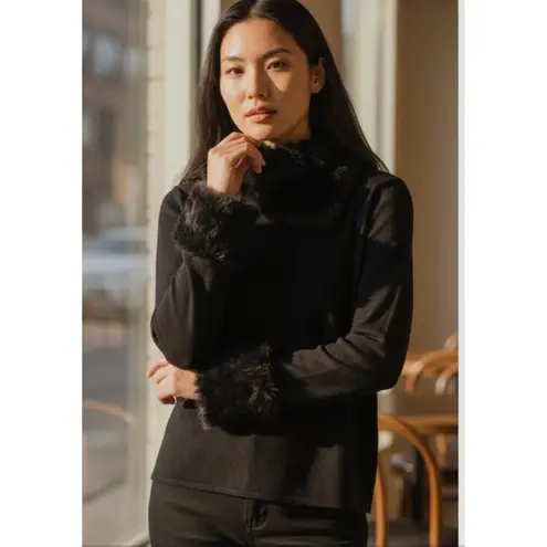 Yuka Vintage Faux Fur Trim Funnel Neck Knit Top Small Black