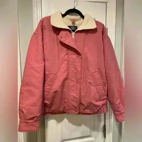 VTG Woolrich Pink Nylon Cream Fleece Lined Jacket Logo Collared Size Large