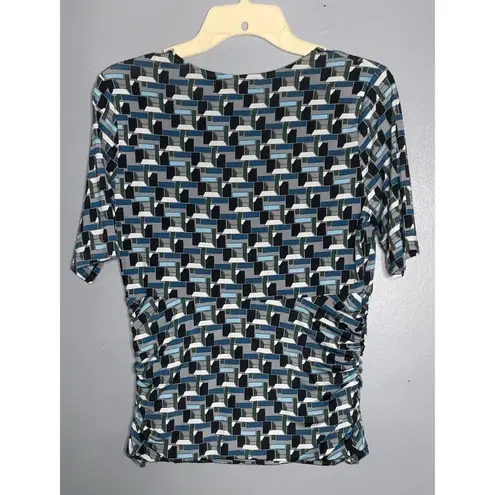 Ellen Tracy Short Sleeve Stretchy Faux Wrap Cinch Side Blue Geo Top M